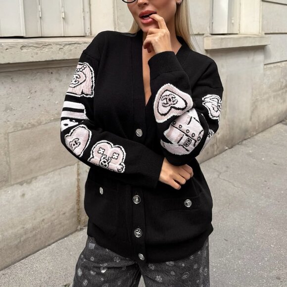 Chanel Black Knit Cardigan Cartoon Embroidery Plays Up Luxury Childlike Style - Picture 1 of 11